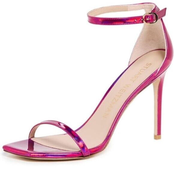 STUART WEITZMAN Sandal Nudist NEW Iridescent Patent Leather 4.5” Stiletto Pink 9 - Picture 6 of 16